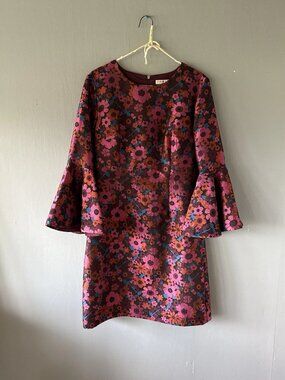 womens Trina Turk Dress Size 6 Pink Purple Floral Colorful Bell Sleeve Retro